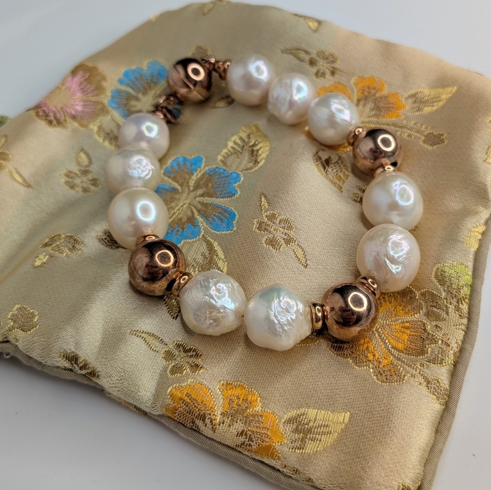 Honora Pearl Bracelet Baroque Large Freshwater Pearls Sterling Silver 925 Pouch - Picture 5 of 9